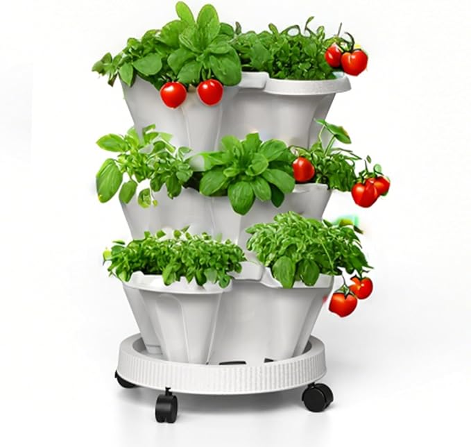 Strawberry Planters, 3 Tiered Vertical Stackable Planter, Herb Stacking Tower Garden, Flower Vegetable Planters with Support Pole, Indoor & Outdoor with Removable Wheels - White