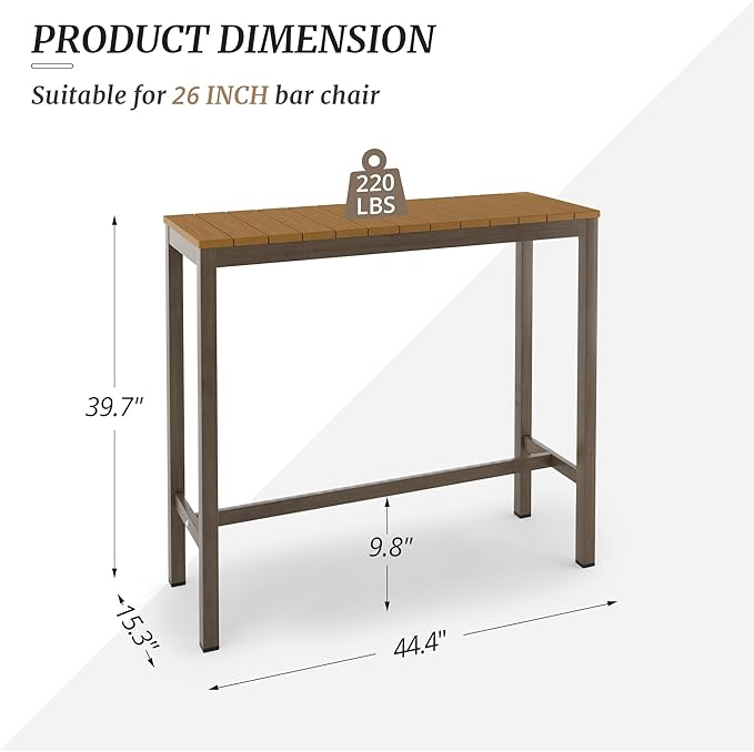 Outdoor Bar Table, 45" Patio Bar Height Counter Console Table, Waterproof HDPS Slatted Top, Weather Resistant, Hot Tub, Balcony, Yard, Indoor or Outdoor Use, Teak