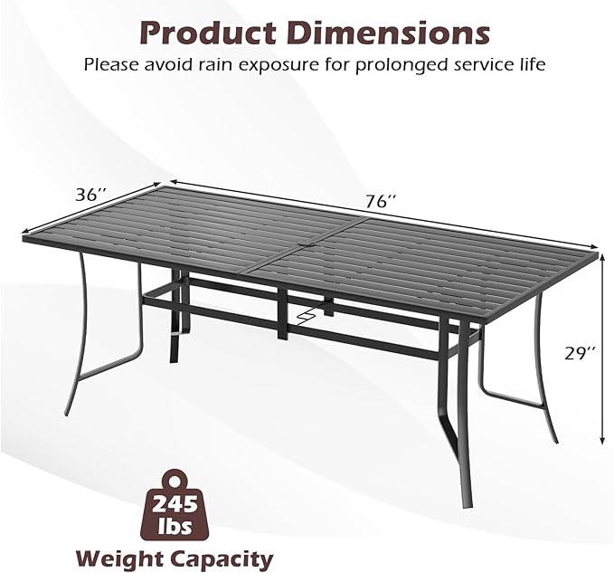 Tangkula 76" x 36" Metal Patio Dining Table for 8, Rectangle Heavy Duty Outdoor Dining Table with Umbrella Hole, 8-Person Outside Dining Furniture for Porch, Garden, Balcony and Backyard