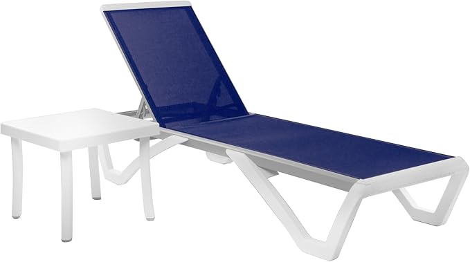 Kozyard Outdoor Chaise Lounge Chair, Full Flat Adjustable Patio Lounger with Aluminum Frame & Resin Legs, Textilene Fabric for Poolside, Backyard & Beach (NavyBlue, Chair with Table)