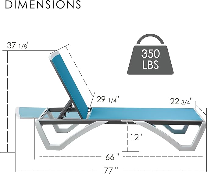 Kozyard Outdoor Chaise Lounge Chair, Full Flat Adjustable Patio Lounger with Aluminum Frame & Resin Legs, Textilene Fabric for Poolside, Backyard & Beach (Aqua/WhiteFrame, Chair Without Table)