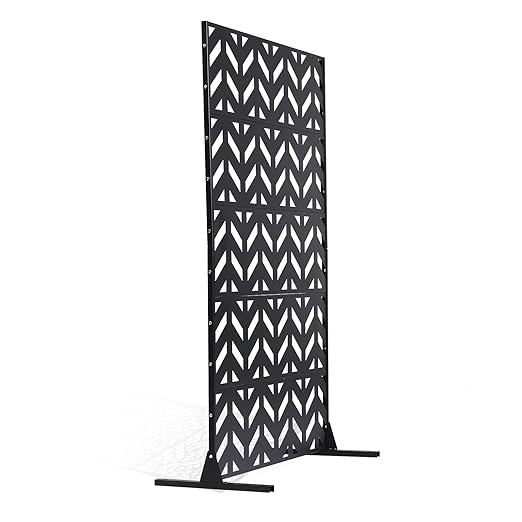 VEVOR Metal Privacy Screen, 47" W x 72" H, Outdoor Privacy Screens 5-Panel, Freestanding Outdoor Divider with Stand, Decorative Garden Steel Privacy Fence for Balcony Patio Indoor Room Black