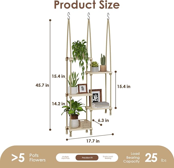 Bamworld Hanging Shelves Plant Hanger Indoor Window Plant Shelves Wood Plant Wall Shelf Window Sill Plant Shelf Indoor Hanging Plant Stand Living Room Decor Garden Boho Decor