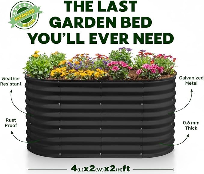 Plant & Plot Galvanized Raised Garden Beds Outdoor // 4×2×2 ft Planter Raised Beds for Gardening, Vegetables, Flowers // Large Metal Garden Box (Black) // Patented Tool-Free Design