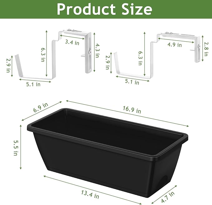 ETELI Railing Planter 6 Pack, 16.9 Inch Window Basket Deck Boxes Plastic Flower Rail Planters Holder with Adjustable Detachable Hooks for Outdoor Balcony Porch Patio, Black & White