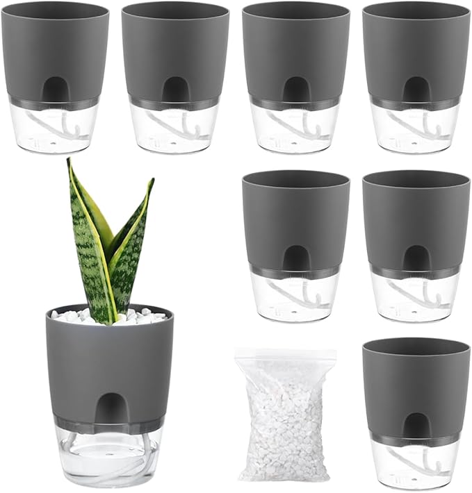 8 Pack Self Watering Pots for Indoor Plants, PlanterHoma 3.2 Inch Plant Pot Plastic Self Watering Planter for Orchid, African Violet, Mini Clear Flower Pots with Drainage Holes and Wicking Rope, Grey