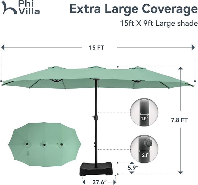 PHI VILLA 15ft Large Patio Umbrellas with Base, Outdoor Double-Sided Rectangle Market Umbrella for Pool Lawn Garden, Mint Green