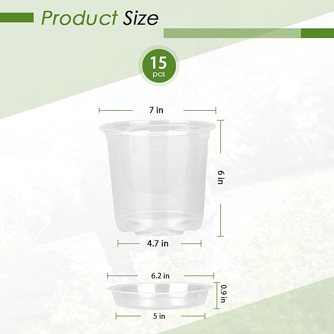 7 Inch Clear Nursery Pots for Plants with Sacuers 15 Pack, Plastic Flower Pots with Drainage Holes, Variety Pack Seedlings Garden Pot for Indoor Outdoor (7 inch)