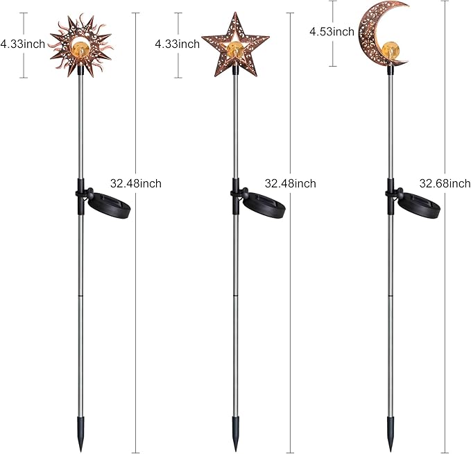 Solar Garden Stake Lights, Moon Sun Star Yard Decorations Outdoor 3 Pack Solar Garden Decor for Lawn, Pathway, Flower Bed, Memorial Garden, Patio Outdoor Gifts for Mom, Loved Ones