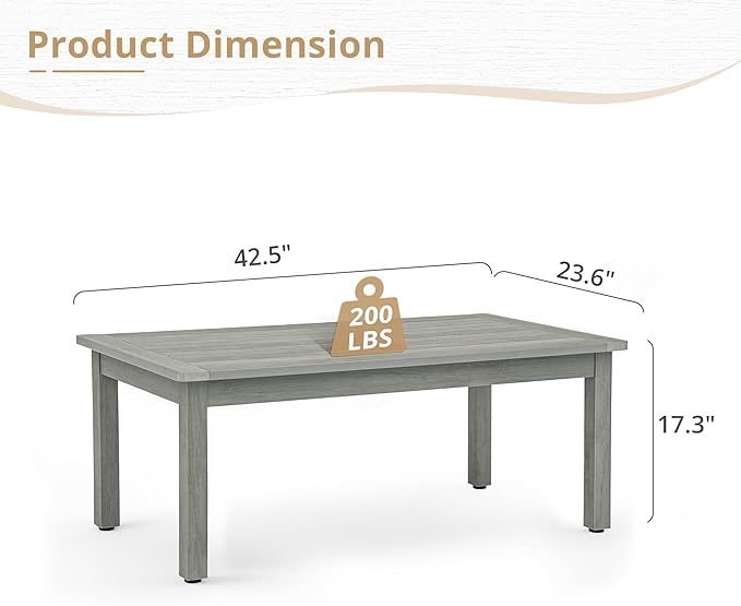 LUE BONA Outdoor Coffee Table, HDPS Patio Coffee Tables for Outside Rectangle, Adjustable Levelling Feet/Weather Resistant, Patio Table for Deck, Pool, Balcony, Indoor or Outdoor Use, Gray