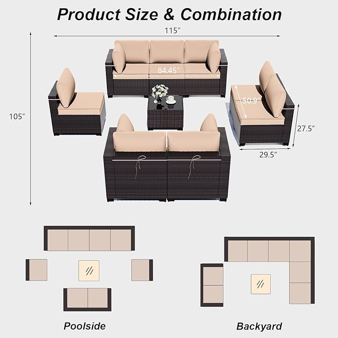 ALAULM Patio Furniture Set with Coffee Table, 9 Pieces Outdoor Sectional with Wide Seat and Thick Cushion, All Weather Wicker Rattan Conversation Set for Backyard, Garden, Deck, Sand