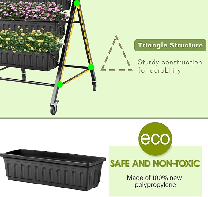 SEJOV 4FT Vertical Raised Garden Bed, 5-Tier Vertical Garden Planter with Drainage System, Larger Elevated Planter Box for Herb Vegetables Flowers Indoor Outdoor Planters (Black with Lockable Wheels)