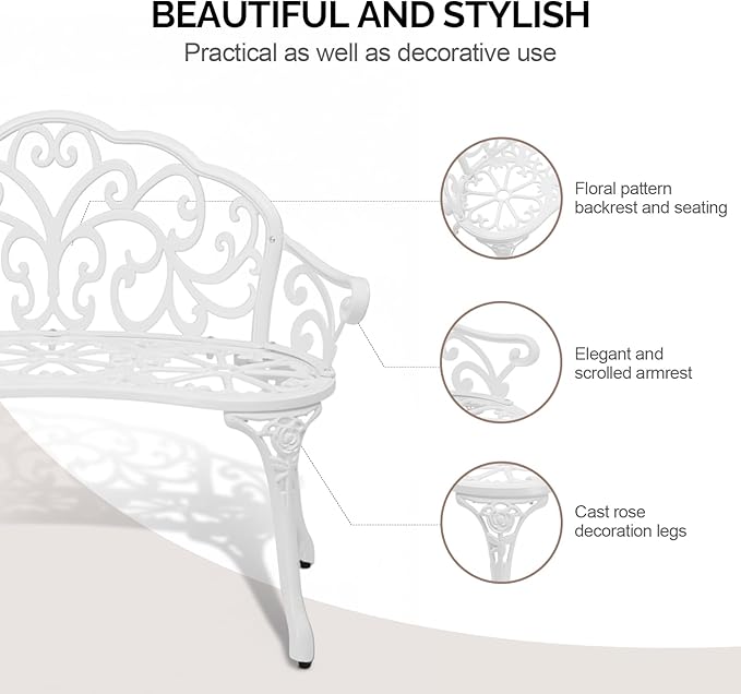 VINGLI 38.5" Patio Park Garden Outdoor Metal Rose Bench, 2-Person Cast Iron Cast Aluminium Frame Antique Finish Chair,Accented Lawn Front Porch Path Yard Decor Deck Furniture (White, Butterfly)
