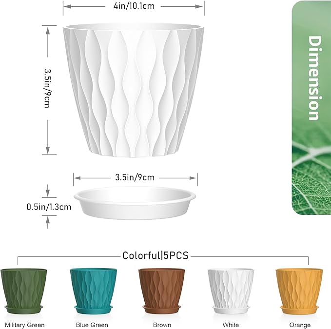 4 inch Small Plastic Nursery Pots, Seedling Pots, 5 Set Water Ripples Plant Pots for Indoor Plants, Flower Pots with Drainage Holes and Saucers, Seed Starter Pots for Succulent, Colorful