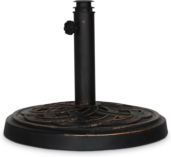 Backyard Expressions 26.5 lb Round Heavy Duty Patio Umbrella Base – Weather Resistant Calcium Carbonate Resin with Bronze Weave Design – Fits 1.5" to 2" Poles, Easy Assembly, UV & Fade Resistant