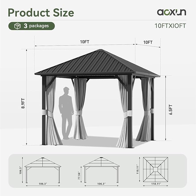 Aoxun Hardtop Gazebo 10x10, Aluminum Frame Canopy with Galvanized Steel Roof, Outdoor Gazebo with Breathable Netting and Privacy Curtain for Backyard