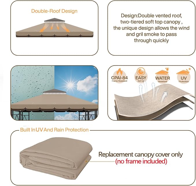 10x10 Canopy Replacement Top Double Tiered Gazebo Cover for Yard, Patio & Garden Durable Sunshade Replacement (Coffee Liqueur+Brown with lace)