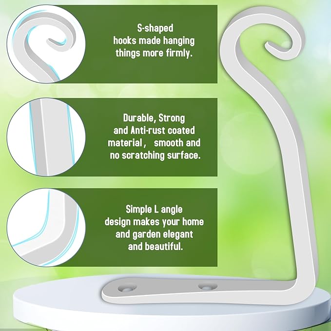 FEED GARDEN Hand-Forged Hanging Plant Bracket Iron Wall Hook for Hanging Plant,Bird Feeders, Wind Chimes, Flower Baskets, Lanterns, Yoga Mat, Indoor/Outdoor Use 6 Inch 2 Pack, White