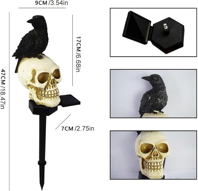 Outdoor Solar Lights, Crow Solar Lights Outdoor Waterproof Halloween Skull Light with Stakes Solar White Crow Light Garden Decor for Yard, Lawn