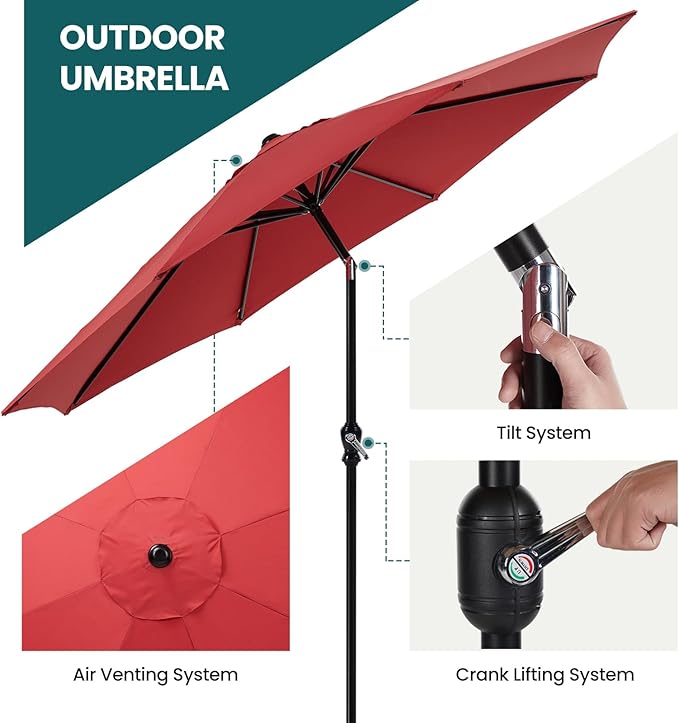 OLIXIS 9ft Patio Umbrella with Tilt and Crank Button & 8 Sturdy Ribs Waterproof, Patio Table Umbrella Perfect for Poolside, Terrace, Beach and Outdoor Restaurant, Red