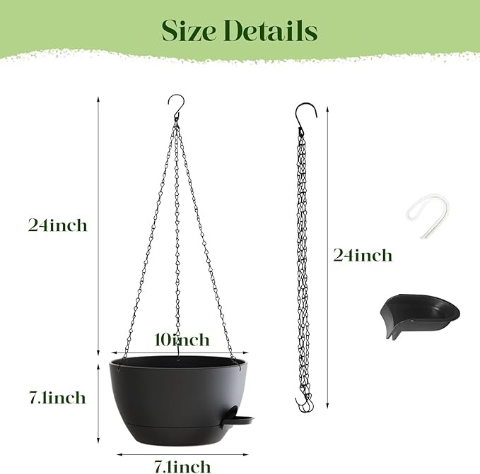 2 Pack 10 Inch Self Watering Hanging Planters for Indoor Plants, Large Black Plastic Hanging Pots with Chains for Outdoor Patio Garden Home Decor (Black)
