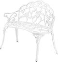 VINGLI 38.5" Patio Park Garden Outdoor Metal Rose Bench, 2-Person Cast Iron Cast Aluminium Frame Antique Finish Chair,Accented Lawn Front Porch Path Yard Decor Deck Furniture (White, Rose)