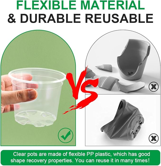 200 Pack 4 Inch Clear Plant pots with Drainage Holes, Transparent Nursery Seeding Pots, Flexile Seeds Starter Pots, Seeds Germination (4Inch,200P,Clear)