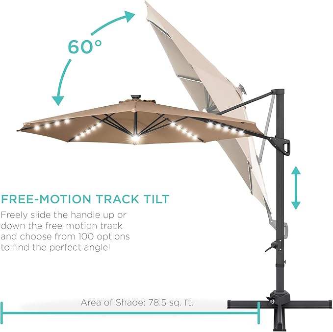 Best Choice Products 10ft Solar LED Cantilever Patio Umbrella, 360-Degree Rotation Hanging Offset Market Outdoor Sun Shade for Backyard, Deck, Poolside w/Lights, Easy Tilt, Cross Base