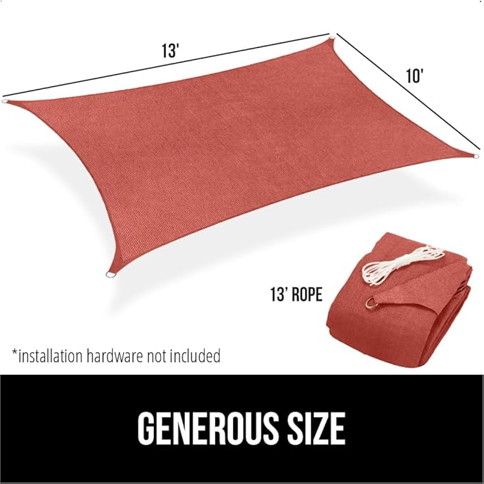 GORILLA GRIP Heavy Duty Sun Shade, UV Protection Fade Tear and Rust Resistant Rectangle Sunshade Canopy, Curved Edges Blocks Sunlight, Breathable Sail, Outdoor Patio, Lawn Garden 10x13 FT Terra