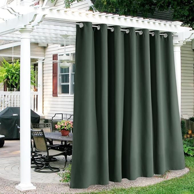 RYB HOME Extra Wide Outdoor Curtains for Patio Waterproof Heavy Duty Thermal Insulated in Summer Full Coverage Privacy for Porch, Gazebo & Pergola, W100 x L84, Dark Green, 1 Panel