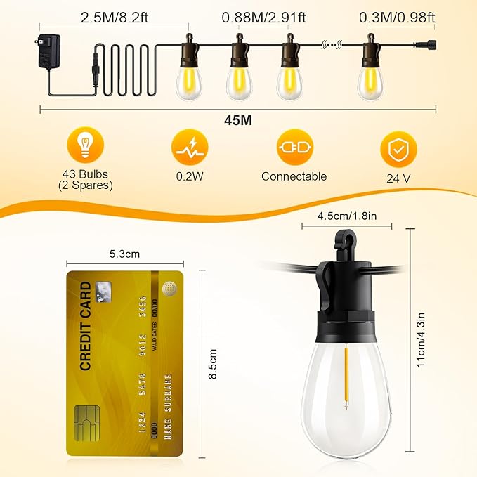 Outdoor String Lights Patio LED Light Outside - 45M 43+2 S14 LED Dimmable 150ft Porch Lighting IP65 Waterproof