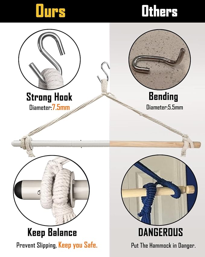 XXL Hammock Chair Hanging Rope Swing with 2 Cushions - Max 500lbs-Perfect for Patio, Porch, Bedroom, Backyard, Indoor or Outdoor - Includes Hanging Hardware Kits