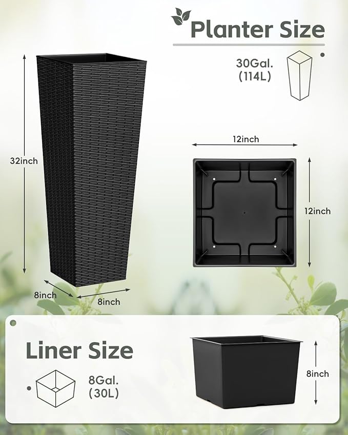 Greesum 32 Inch Tall Plastic Planters(Set of 2), Detachable Inner Pot & Drainage Holes, Outdoor Decorative Flower Pots for Large Plants, Trees, Patio, and Garden, Black