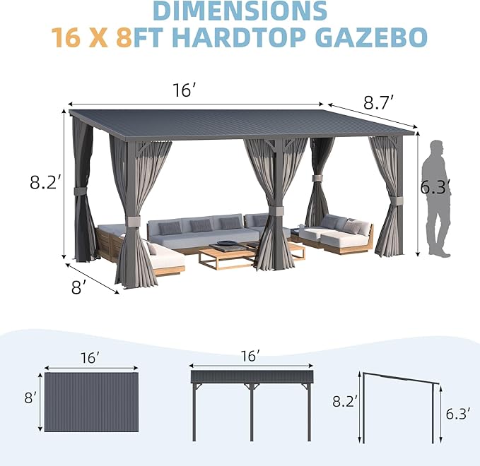 AECOJOY 16'x8' Outdoor Hardtop Metal Gazebo with Curtain and Netting for Patio, Large 8x16 Lean to Wall Mounted Pergolas and Grill Gazebos Clearance, Heavy Duty Galvanized Steel Roof Awnings for Decks