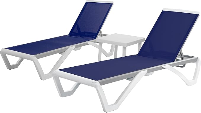 Kozyard Outdoor Chaise Lounge Chair, Full Flat Adjustable Patio Lounger with Aluminum Frame & Resin Legs, Textilene Fabric for Poolside, Backyard & Beach (NavyBlue, 2Chairs with Table)