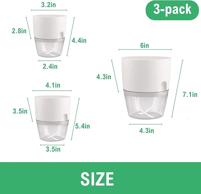 6/4/3Inch Self Watering Planter Pots 3 Pack Plant Pot for Indoor Wicking Flower Pots Plant Pots Modern Decorative Planter for House Plants,Herbs,Indoor Outdoor Plant (White)