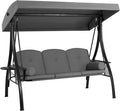 HOMREST 3 Seat Outdoor Porch Swing with 1.5" Deepened Cup Holder, Adjustable Canopy, Patio Swing Bed with Stand, Patio Glider Swing with Thicken Cushions, Pillow for Yard, Garden(Grey)