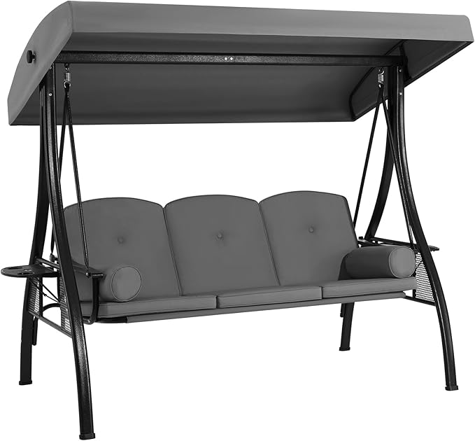 HOMREST 3 Seat Outdoor Porch Swing with 1.5" Deepened Cup Holder, Adjustable Canopy, Patio Swing Bed with Stand, Patio Glider Swing with Thicken Cushions, Pillow for Yard, Garden(Grey)