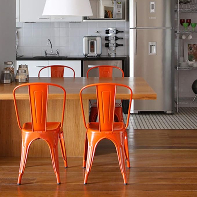 FDW | Set of 4 Metal Dining Chairs | Orange | Stackable Tolix Side Chairs with Backrest | Scratch-Resistant | Non-Slip Feet | Indoor/Outdoor Use | 330 lbs Capacity | Ideal for Kitchen & Restaurant