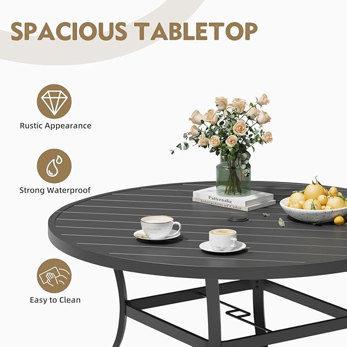MELLCOM 53'' Round Outdoor Dining Table for 6, Metal Patio Dining Table with Umbrella Hole, All-Weather Black Table for Porch, Garden, Backyard, Poolside, Lawn