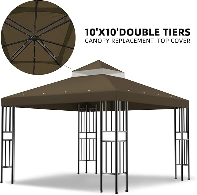 Sumfaller 10x10 FT Gazebo Replacement Canopy Top Cover Double Tiered Canopy Top Cover for Outdoor BBQ Roof Cover Grill Shelter (Dark Brown)