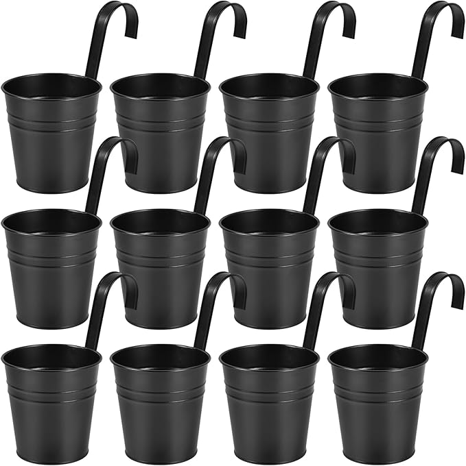 OBTANIM 12 Pack Metal Hanging Flower Pots Railing Planter Outdoor Fence Hanging Bucket Plant Holder with Detachable Hooks Drain Holes for Home Garden Yard Decor (Black, 4 x 4 Inch)