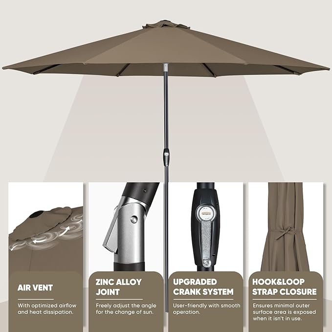 Tempera Patio Market Outdoor Table Umbrella with Auto Tilt and Crank, Large Sun Umbrella with Sturdy Pole & Fade Resistant Canopy, Easy to Set