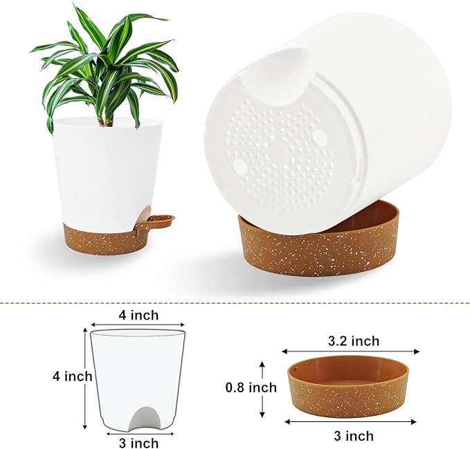 Self Watering Pots, 4 inch Flower Pots with Multi Mesh Drainage Holes, Small Platic Planters for Indoor Outdoor Garden Plants and Flowers (Whtie with Brown Tray, 4")