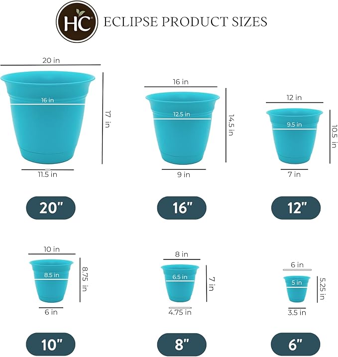 The HC Companies 12 Inch Eclipse Round Planter Pots with Drainage Holes & Attached Saucer, Lightweight UV-Resistant Plastic Indoor & Outdoor Planters, 6-Pack Flower Pots for Garden & Home Decor, Teal