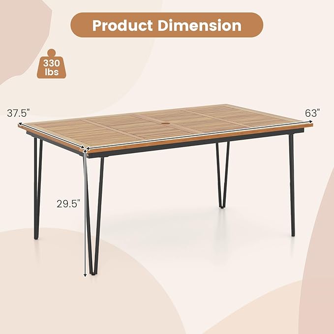 Tangkula 63" Large Patio Dining Table for 6, Acacia Wood 6-Person Dining Table with 2" Umbrella Hole & Metal Legs & Adjustable Foot Pads, Rectangular Outside Table for Garden, Poolside & Backyard