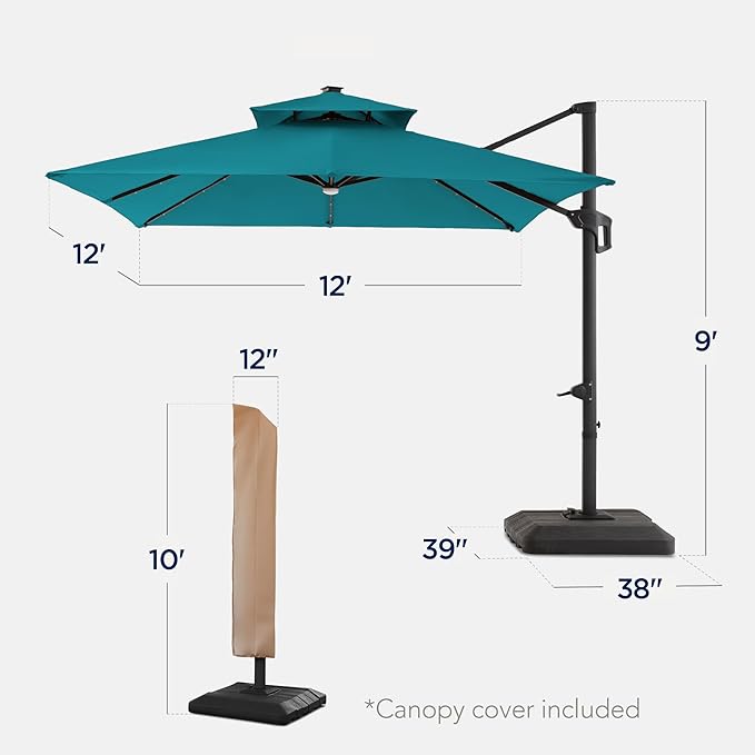 Best Choice Products 12x12ft LED Cantilever Patio Umbrella w/Base Included & 360° Rotation, Large Solar Offset Hanging Outdoor Sun Shade for Deck, Backyard Table w/Stand & Lights – Cerulean