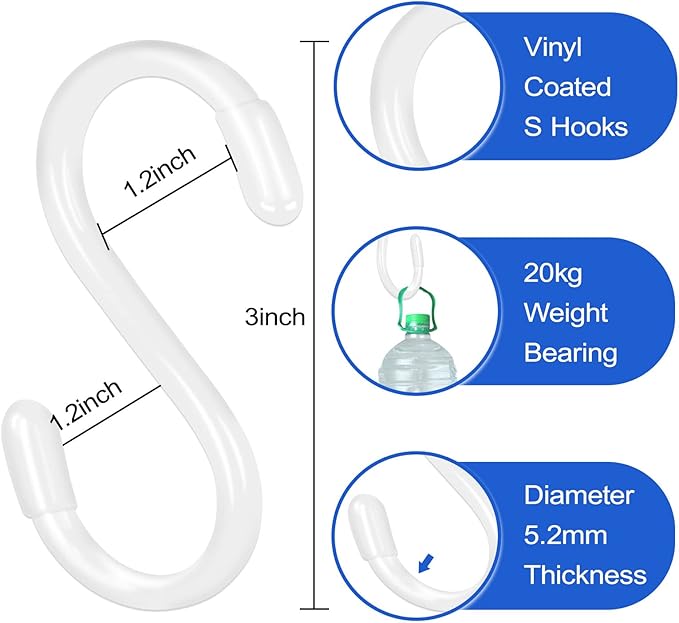 30 Pack 3 Inch White S Hooks,Vinyl Coated Heavy Duty S Hook for Hanging Plants,Non Slip Closet S Hooks,Steel Metal White Vinyl Coated Small S Hook for Hanging Jeans Pots and Pans Coffee Cups