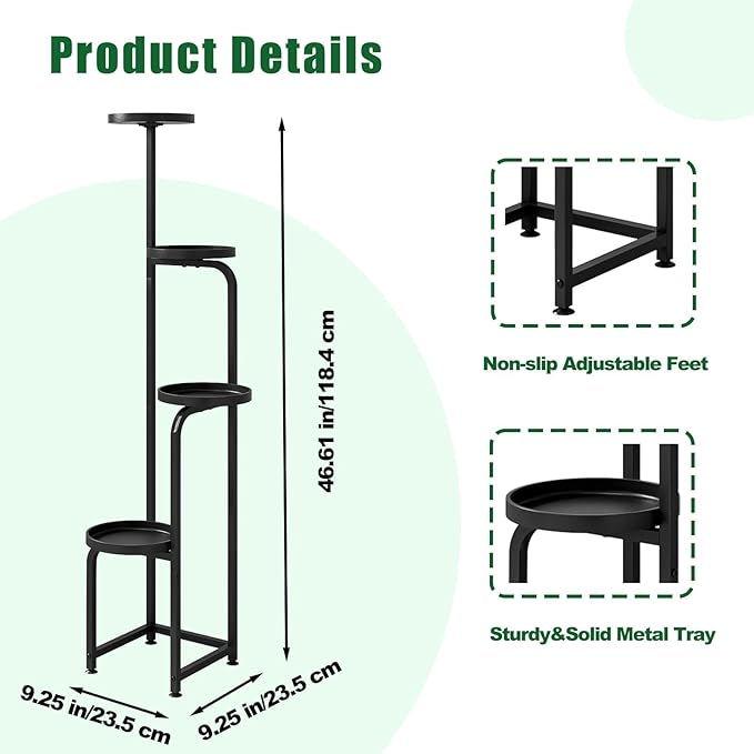 Plant Stand Indoor Outdoor 4 Tier Metal Plant Shelf for Multiple Plants Corner Flower Holders for Living Room Balcony Bedroom Patio Garden, Black (Black, 4-Tier)