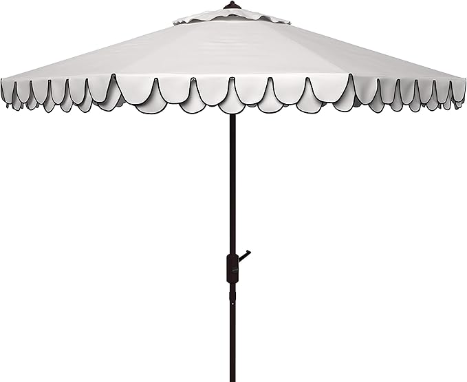 SAFAVIEH 9ft Outdoor Patio Umbrella, Round, Valance, Ivory & Navy Trim, Auto Crank Tilt, UV Resistant for Deck, Backyard, Poolside (PAT8006F)
